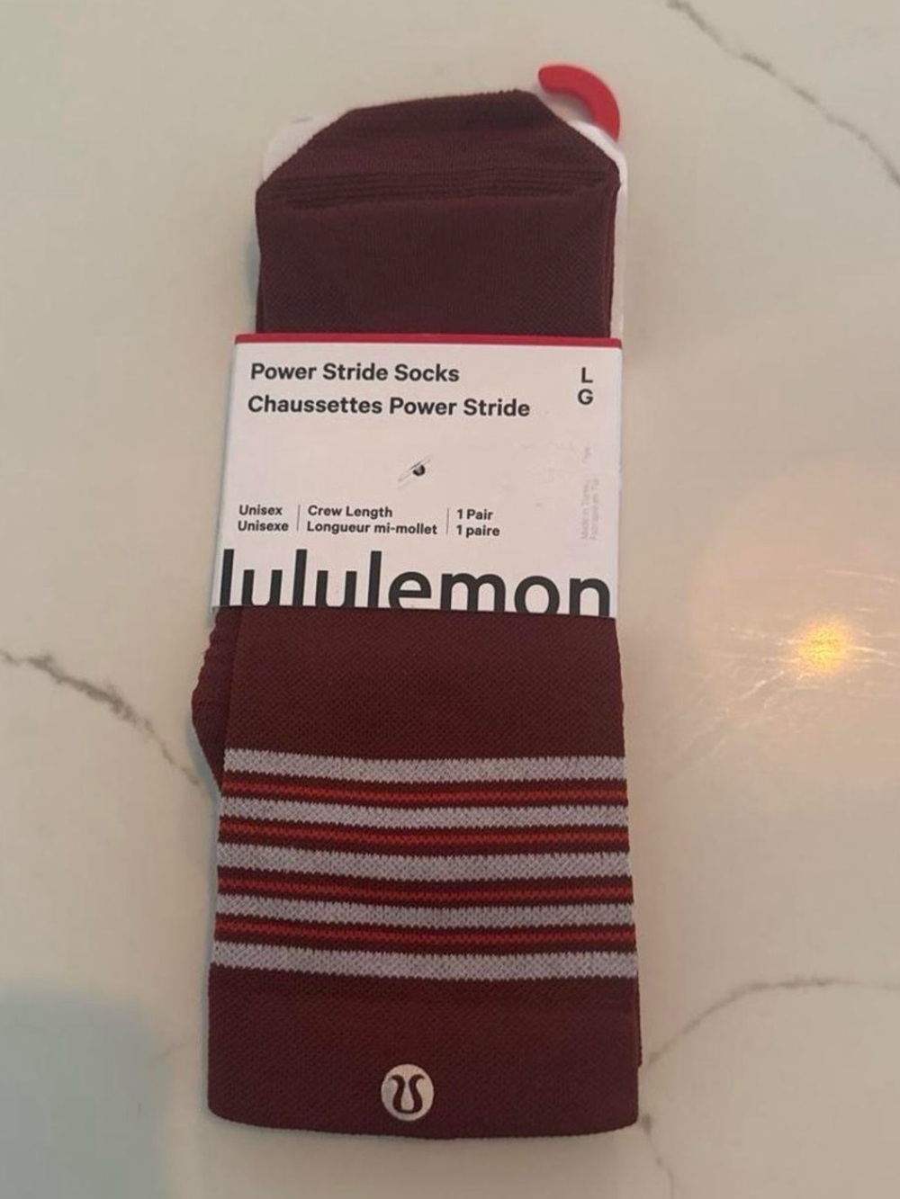 lululemon athletica Power Stride Crew Socks - Burgundy/Red Stripe LARGE